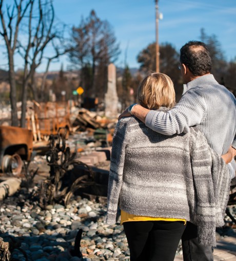 A couple looking at the aftermath of a fire with scorched trees, debris, and a burnt vehicle in the background